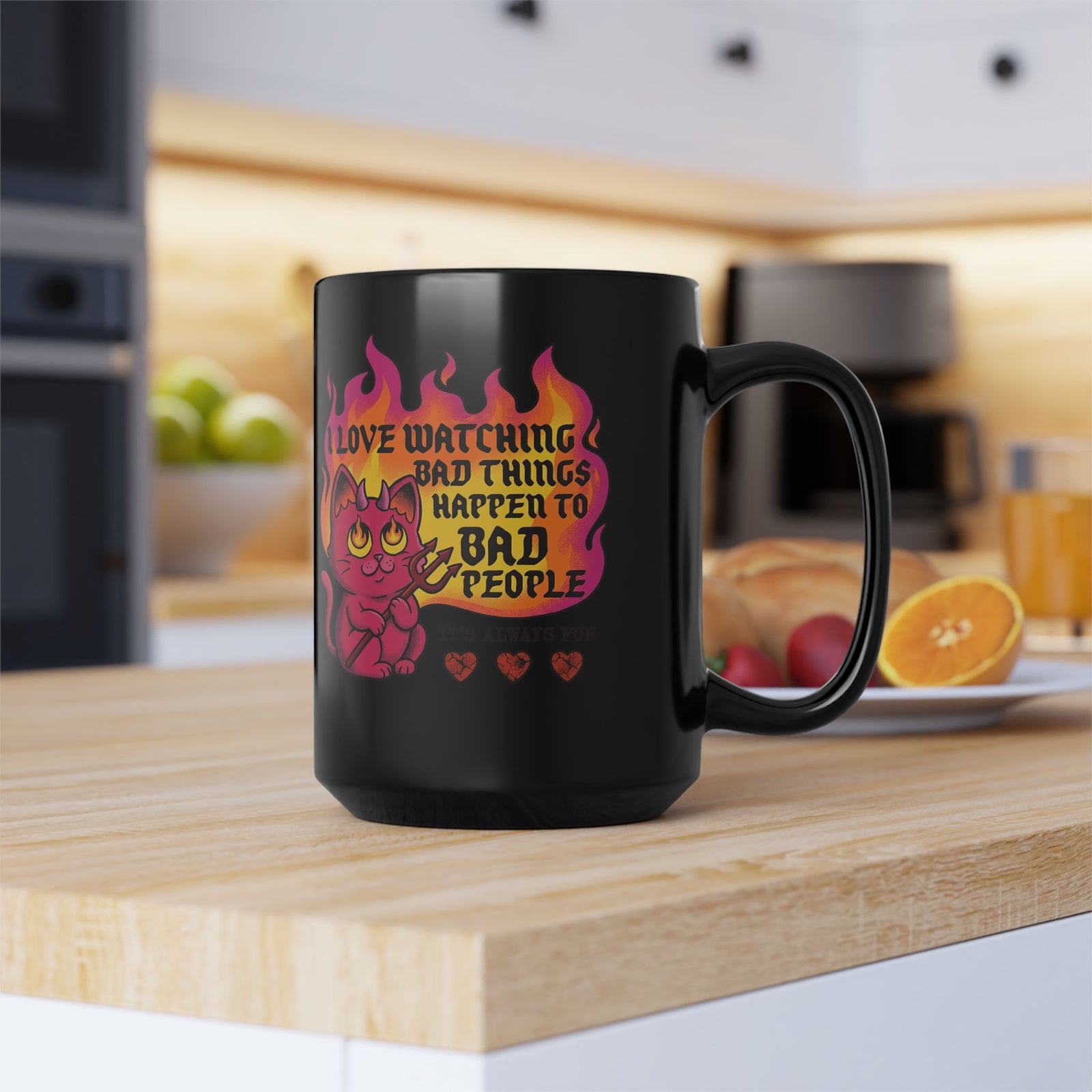 Evil Cat 'I Love Watching Bad Things' Black Mug