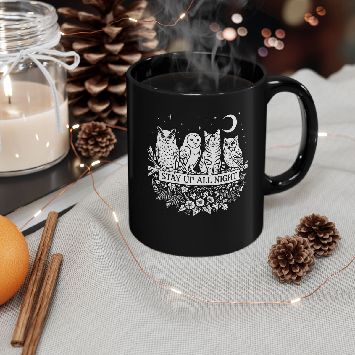 Cat Stays Up All Night Black Mug — Cute Night Owl Cat Mug