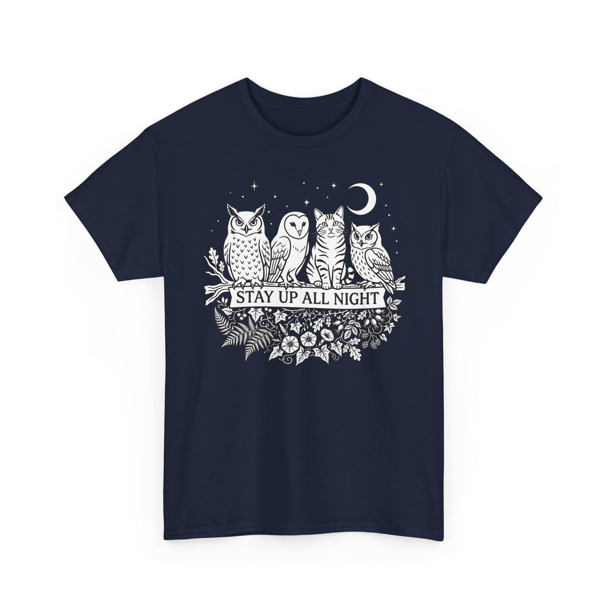 Cat Stays Up All Night T-Shirt — Cute Night Owl Cat Tee