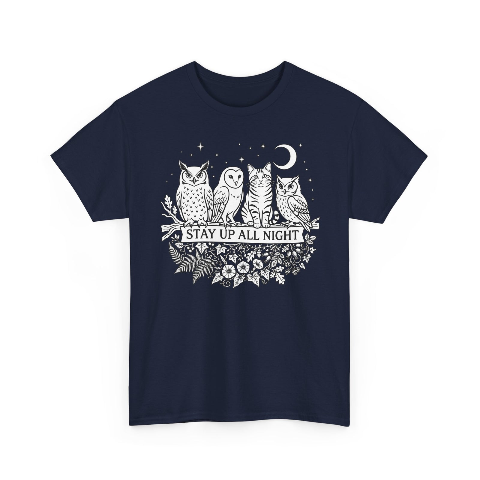 Cat Stays Up All Night T-Shirt — Cute Night Owl Cat Tee