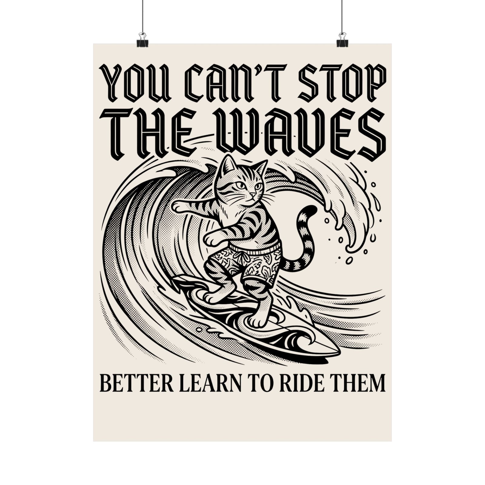 Vintage Surfer Cat Poster — Monochrome Ocean Waves Graphic Poster