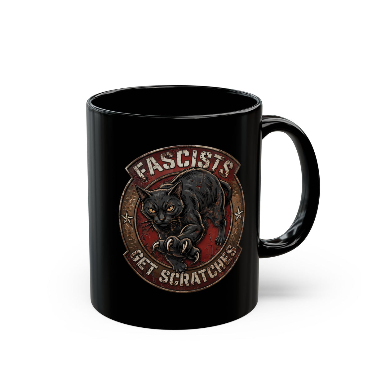 Fascists Get Scratches Black Mug — Funny Anti-Fascist Black Cat Mug
