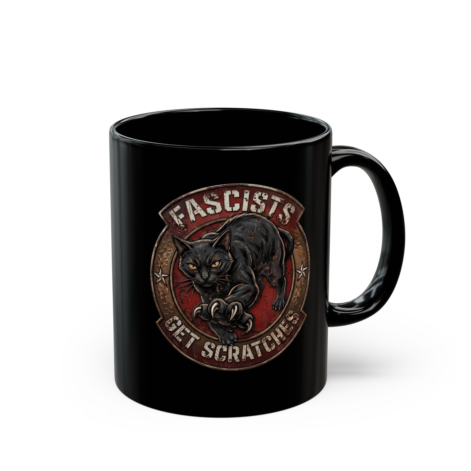 Fascists Get Scratches Black Mug — Funny Anti-Fascist Black Cat Mug