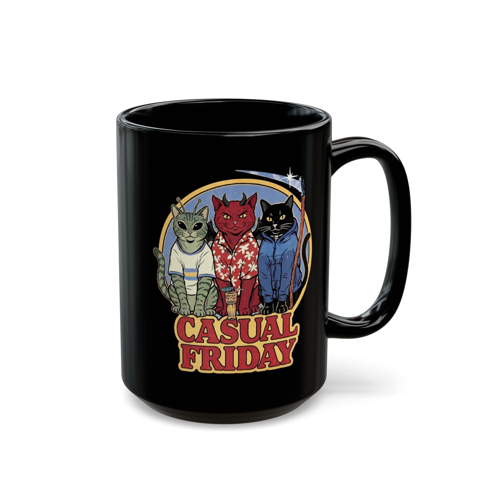 Casual Friday Cat Black Mug — Funny Alien Devil Grim Reaper Mug