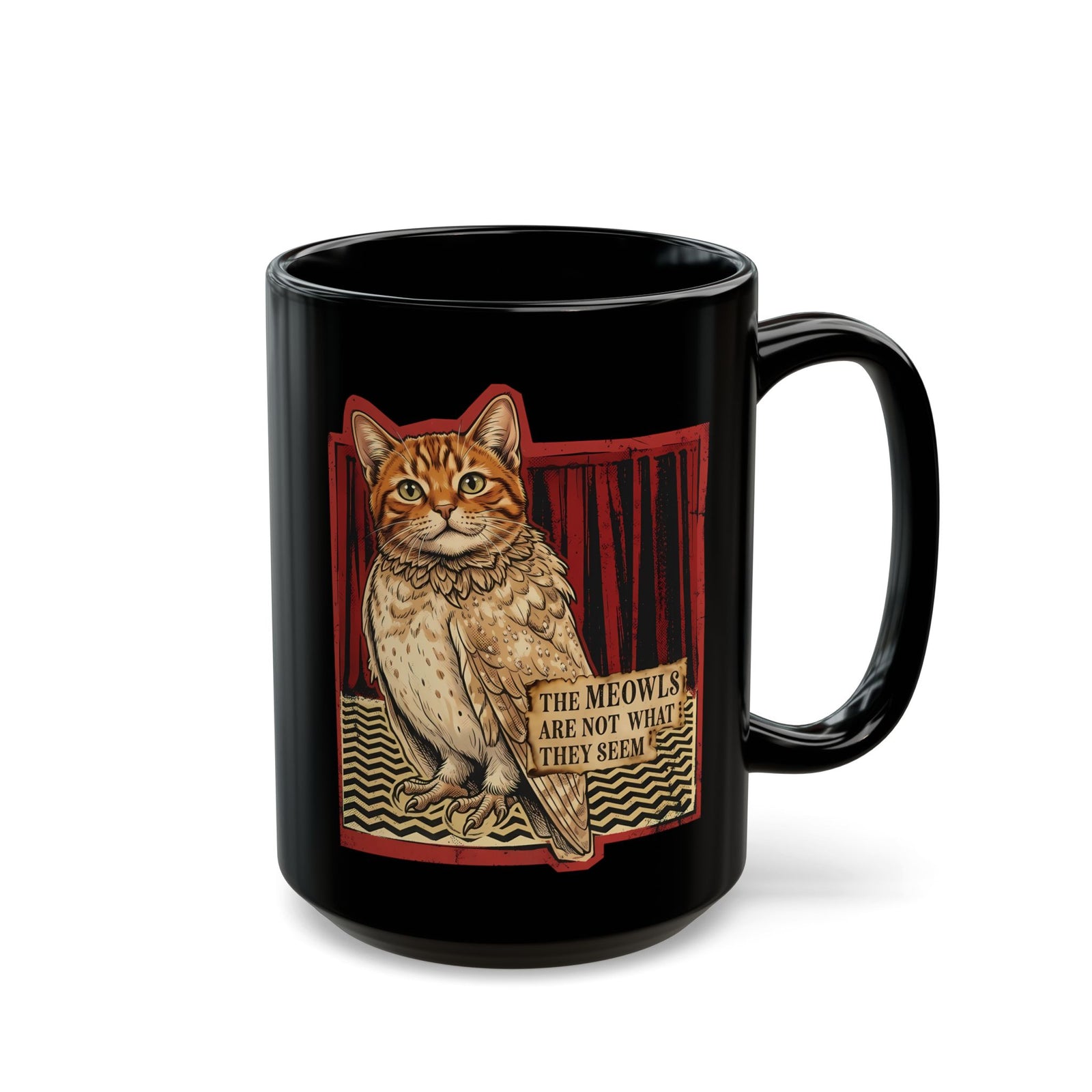 Meowls Are Not What They Seem Black Mug — Mysterious Cat Quote Mug