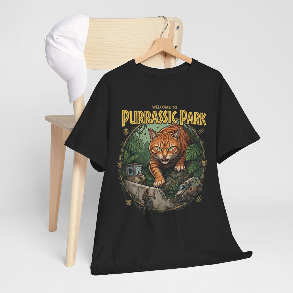 Purrassic Park Cat T‑Shirt — Retro Dino-Parody Graphic Tee