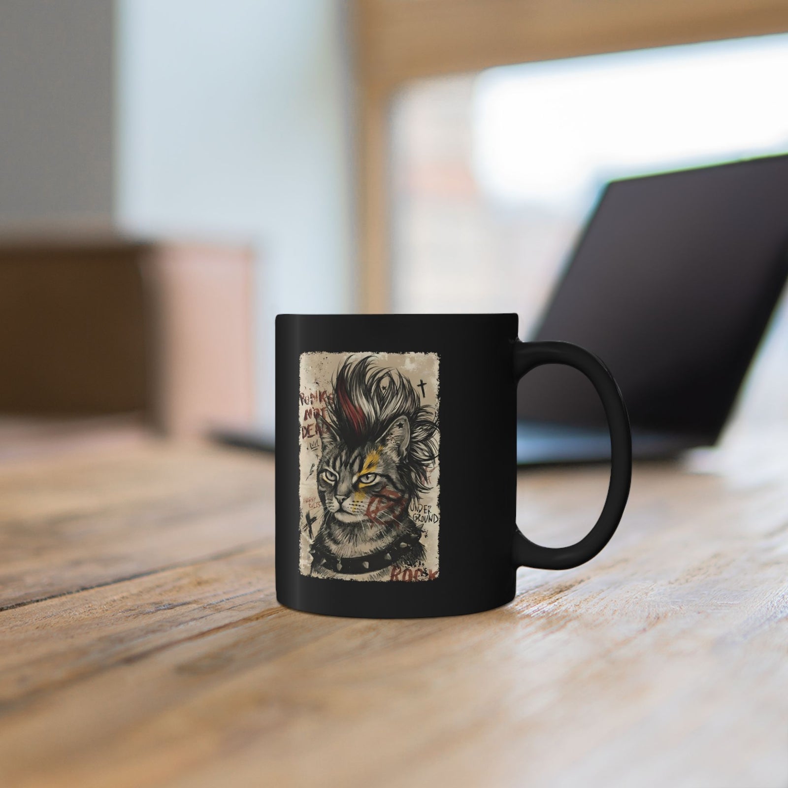 Punks Not Dead Cat Black Mug — Edgy Mohawk Anarchy Feline Graphic