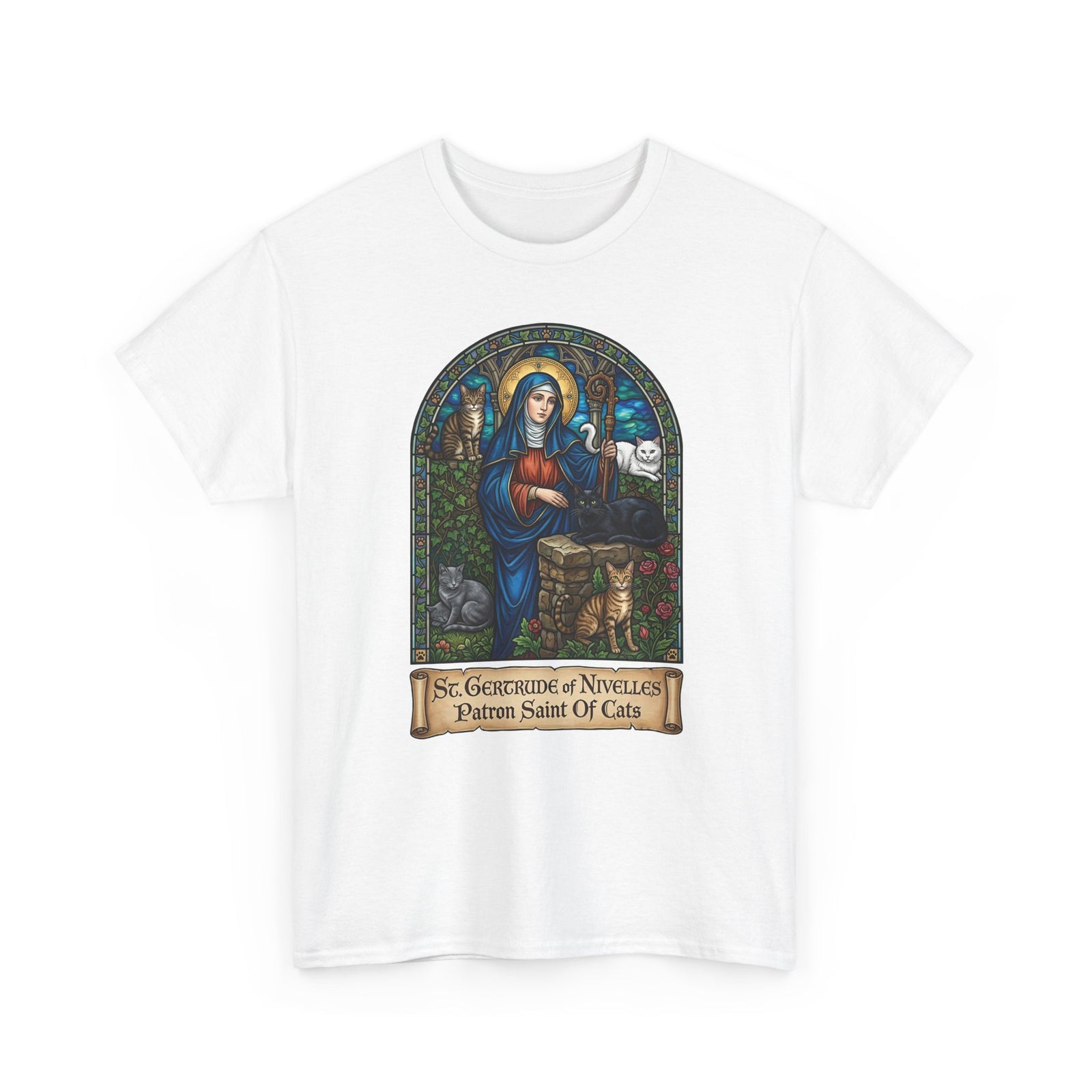 Saint Gertrude of Nivelles Cat Patron T-Shirt — Patron Saint of Cats Tee
