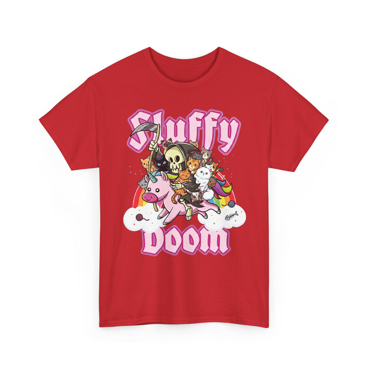 Sluffy Doom Grim Reaper Riding Unicorn T-Shirt — Pastel Goth Cat Tee