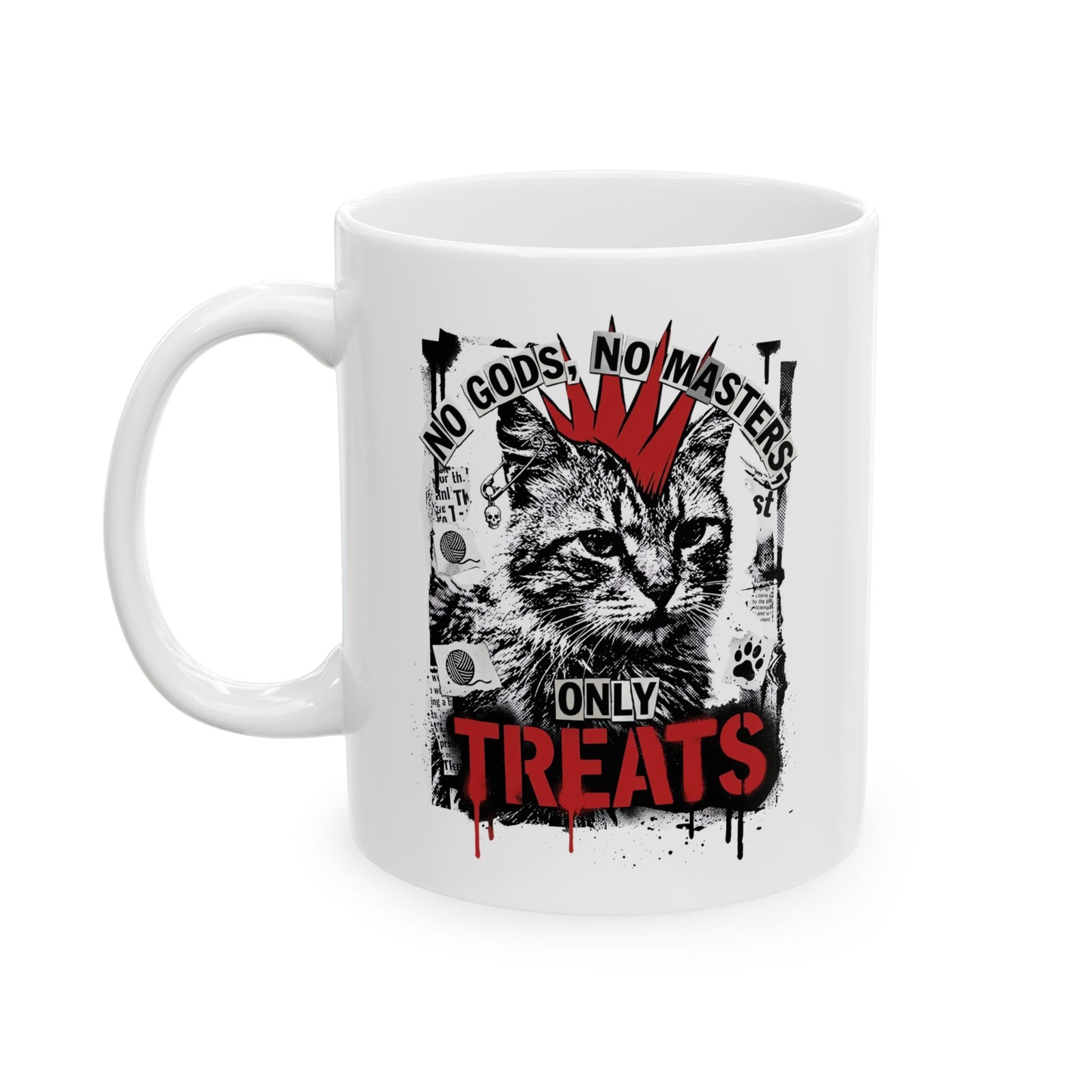 Punk Cat Mug — “No Gods No Masters, Only Treat” Graphic Ceramic Mug