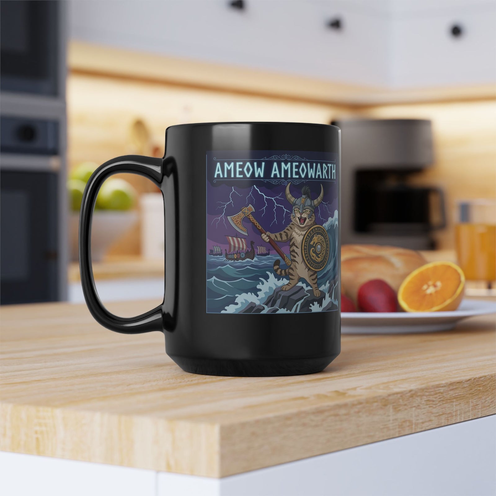 Ameow Ameowarth Cat Viking Black Mug — Funny Viking Cat Graphic Mug