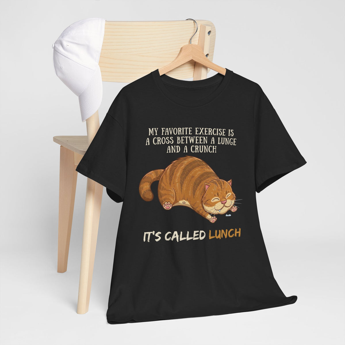 Funny Workout Cat T-Shirt — "Lunge Crunch Lunch"