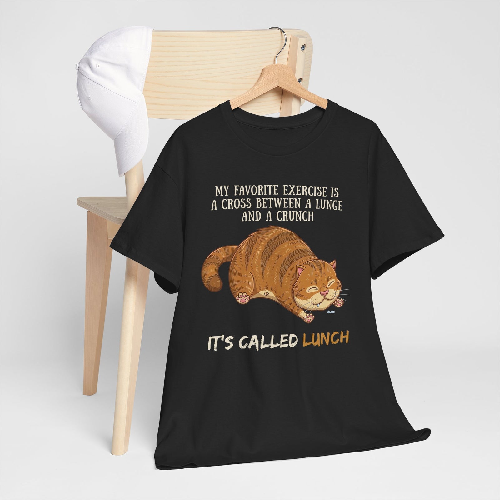 Funny Workout Cat T-Shirt — "Lunge Crunch Lunch"