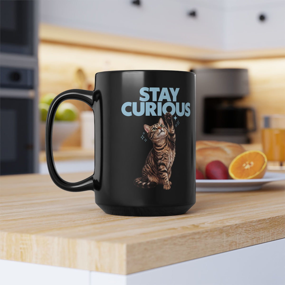 Stay Curious Tabby Cat Black Mug — Cute Reaching Feline Graphic Mug