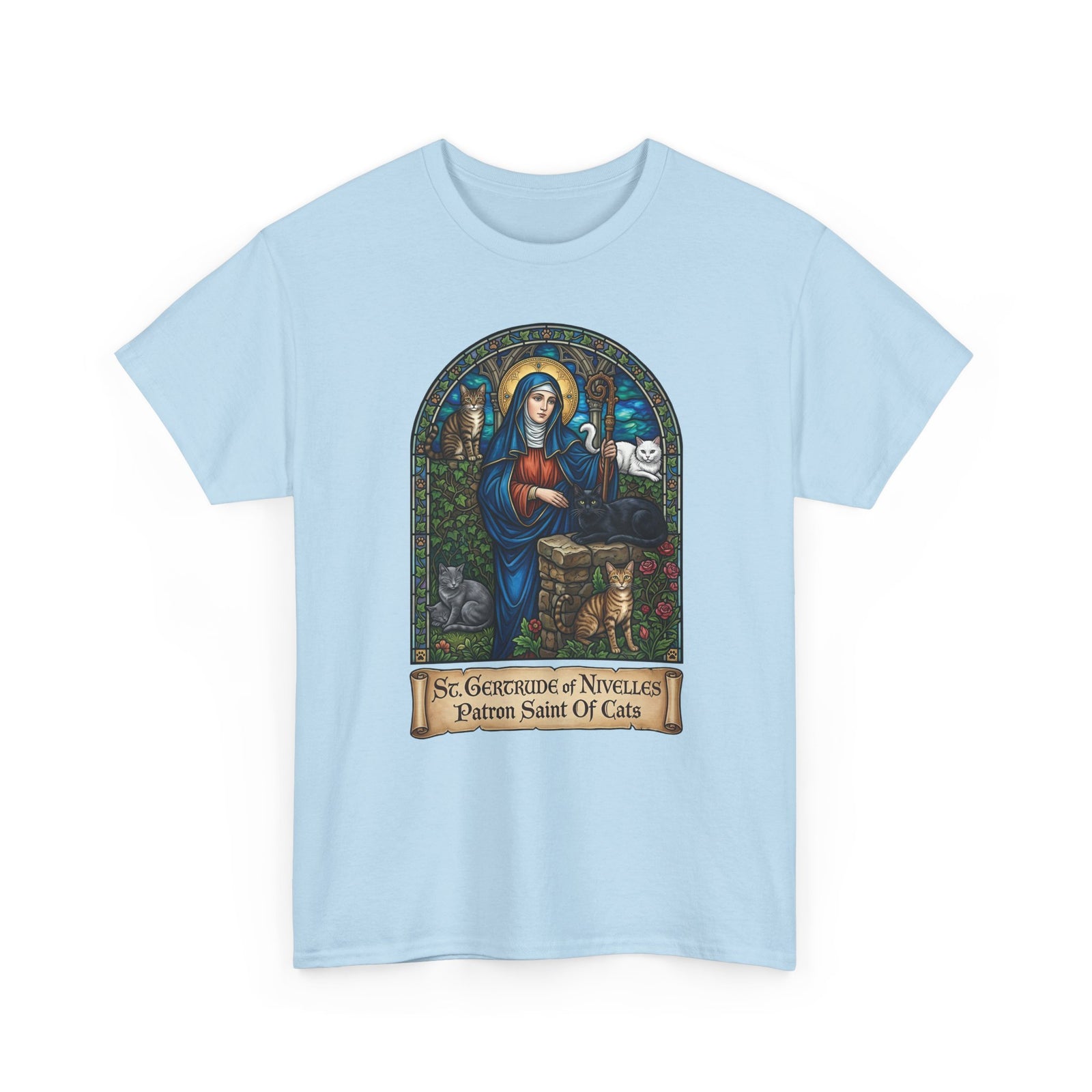 Saint Gertrude of Nivelles Cat Patron T-Shirt — Patron Saint of Cats Tee