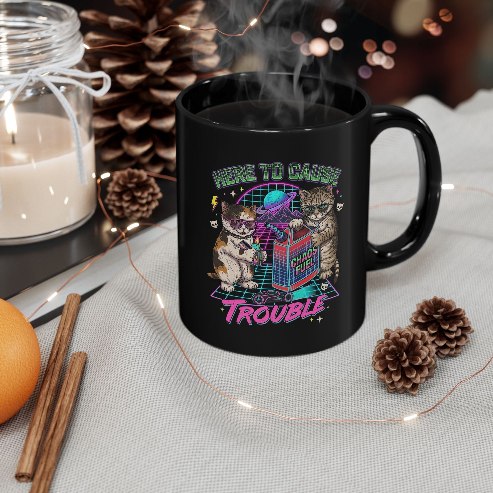 Here to Cause Trouble Naughty Cats Black Mug