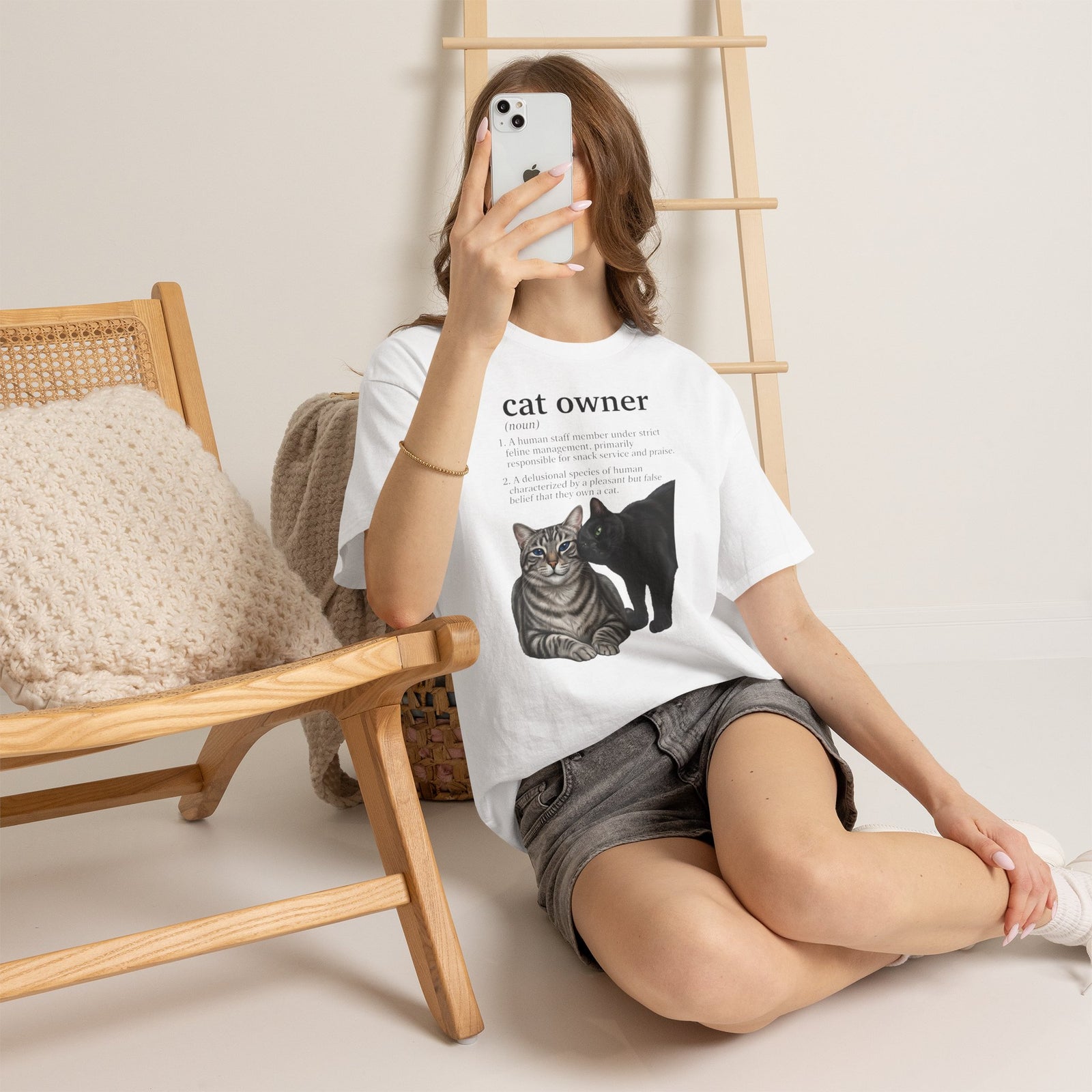 Cat Owner Definition T‑Shirt — Cute Tabby & Black Cat Graphic Tee for Cat Lovers