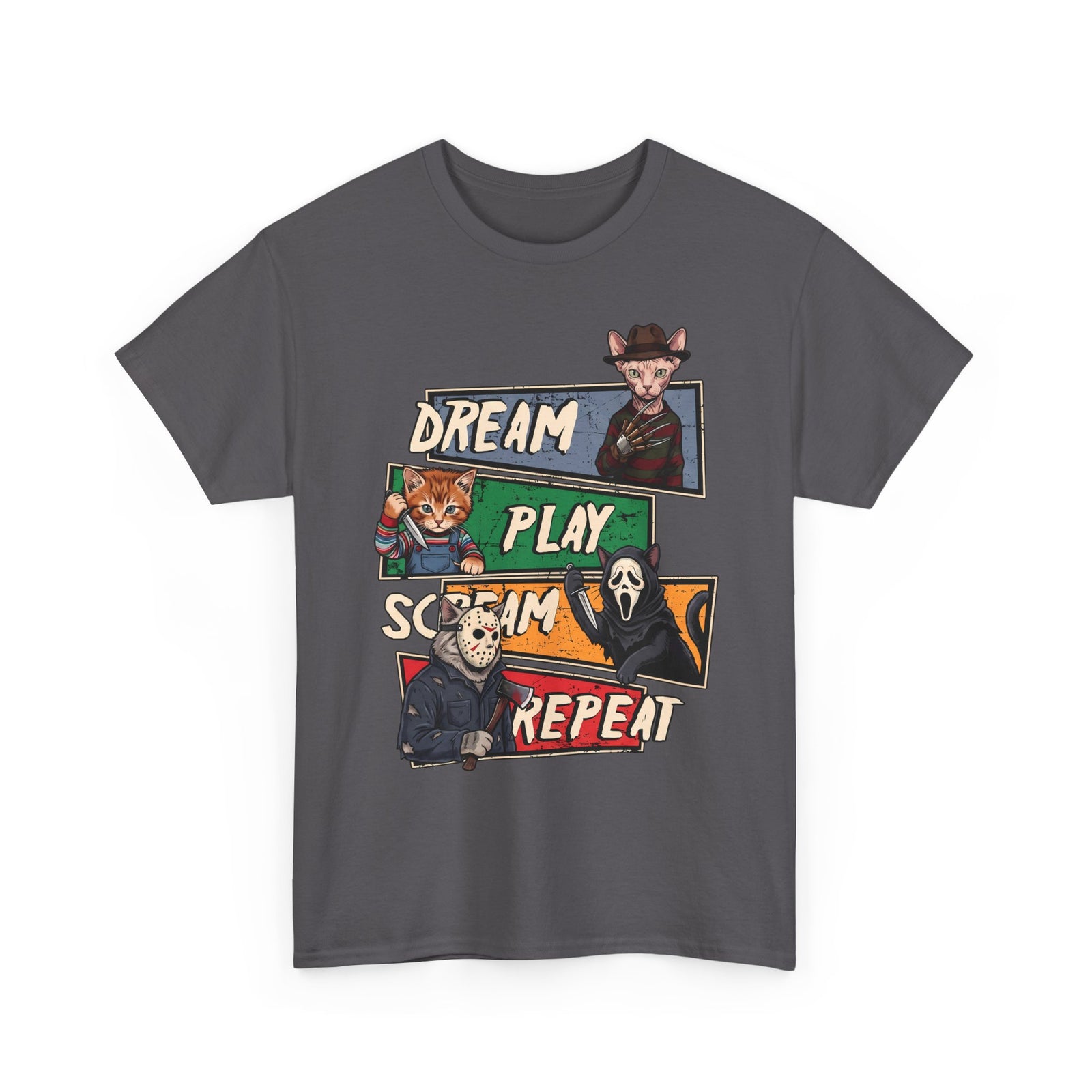 Dream Play Scream Repeat Horror Cats T-Shirt — Slasher Movie Icons Tee
