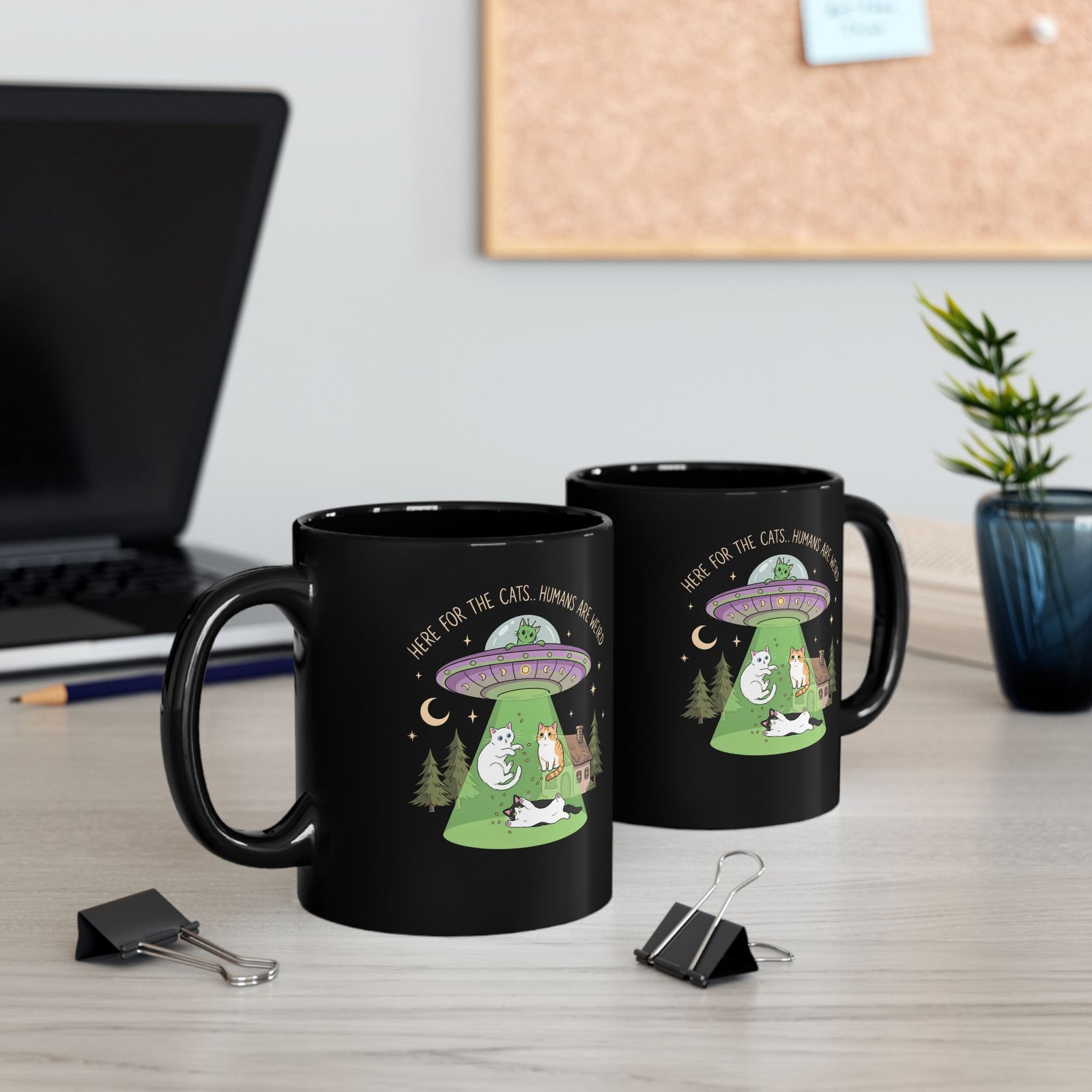 Here For The Cats Humans Are Weird Black Mug — Funny Alien UFO Cat Mug