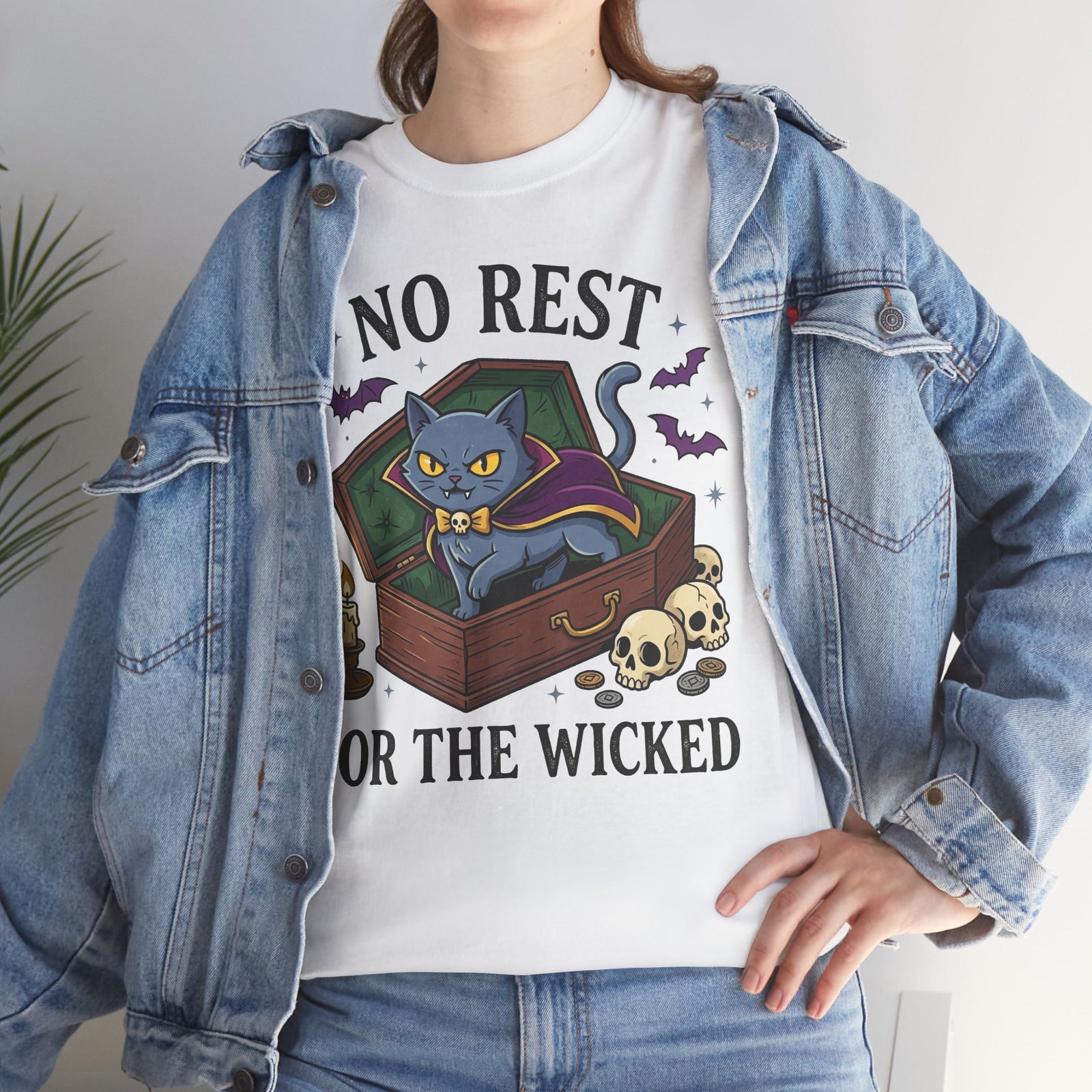 No Rest For The Wicked Cat Tee — Halloween Cat Coffin Graphic T-Shirt