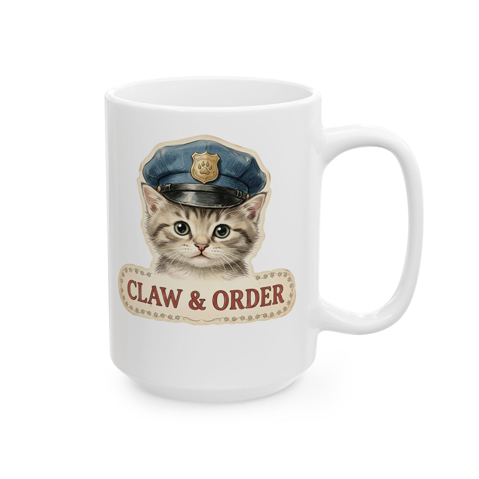 Claw and Order Cat Ceramic Mug — Funny Cat Crime Pun Mug