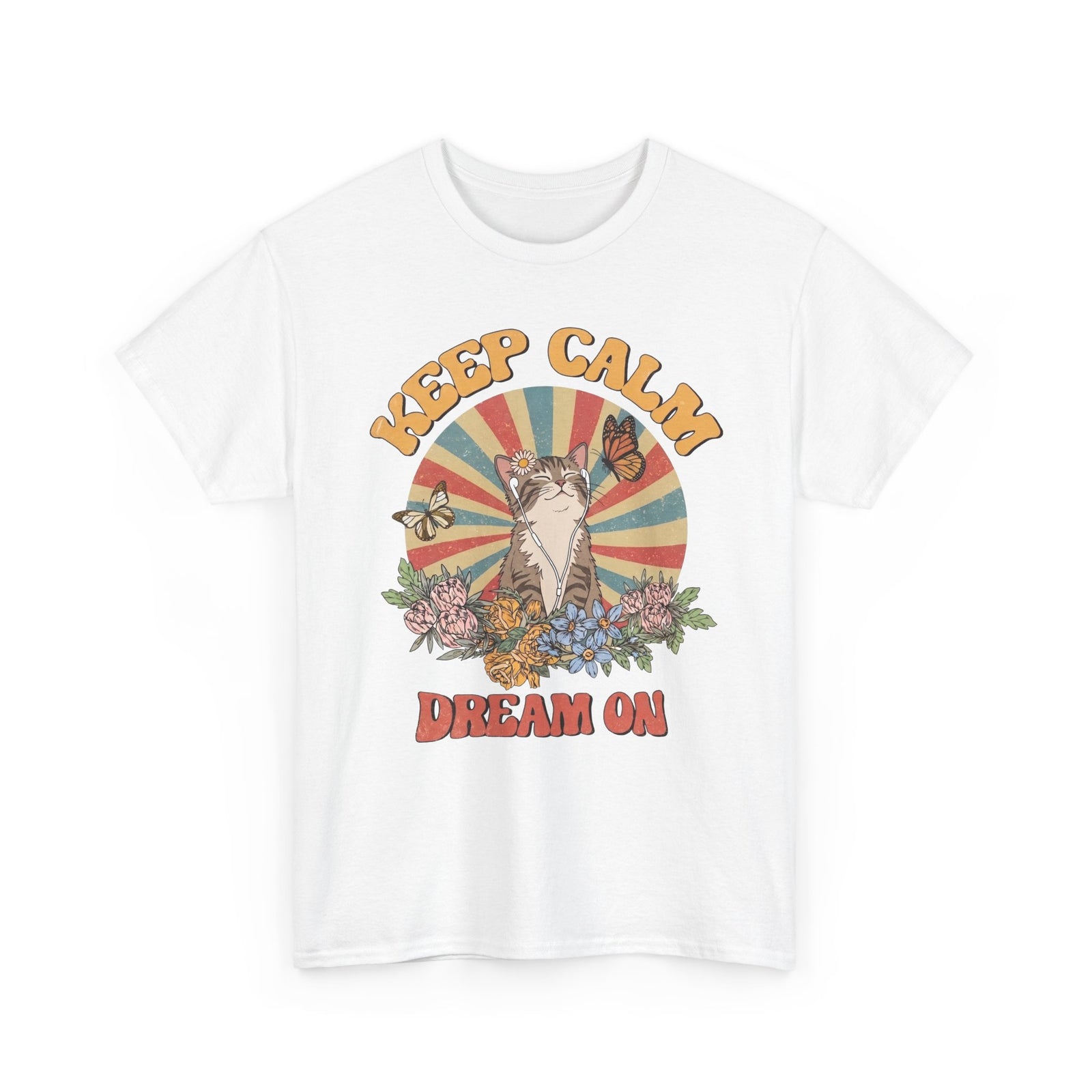 Keep Calm Dream On Cat T-Shirt — Retro 70s Hippie Feline Graphic