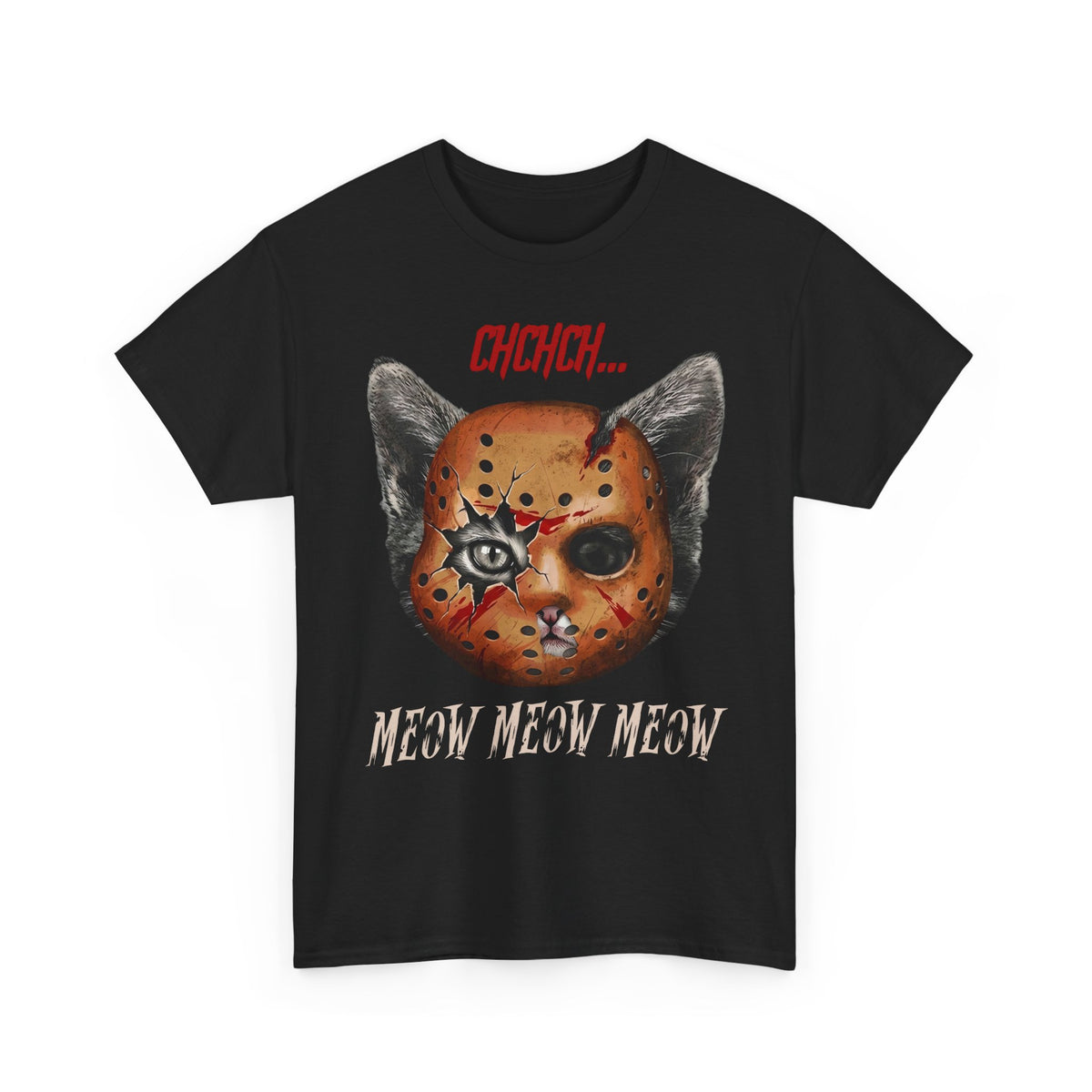 Horror Cat Tee  “Meow Meow Meow” Jason Mask Kitty Graphic T-Shirt