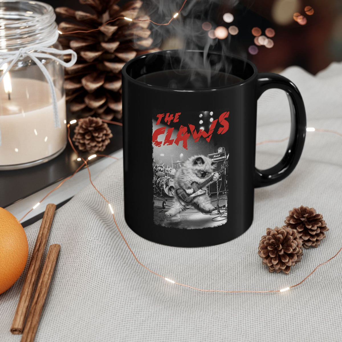 The Claws Cat Rock Black Mug — Retro Cat Graphic Mug
