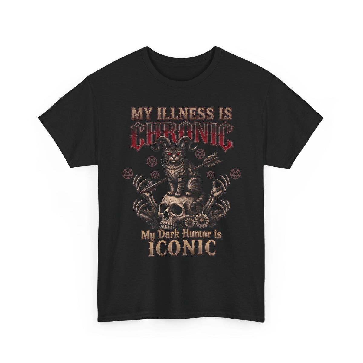 My Illness Is Chronic My Dark Humor Is Iconic T-Shirt — Gothic Horned Cat Tee