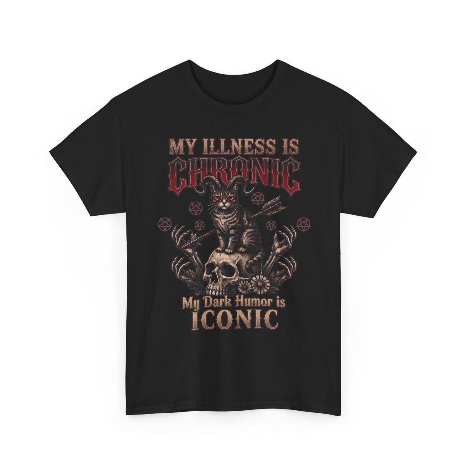 My Illness Is Chronic My Dark Humor Is Iconic T-Shirt — Gothic Horned Cat Tee