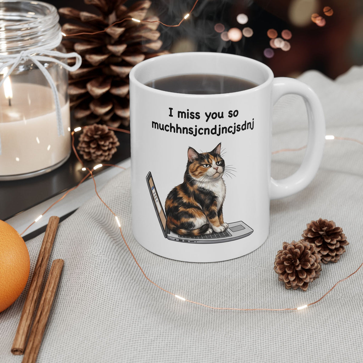 I Miss You So Much Keysmash Ceramic Mug — Funny Calico Cat Laptop Mug