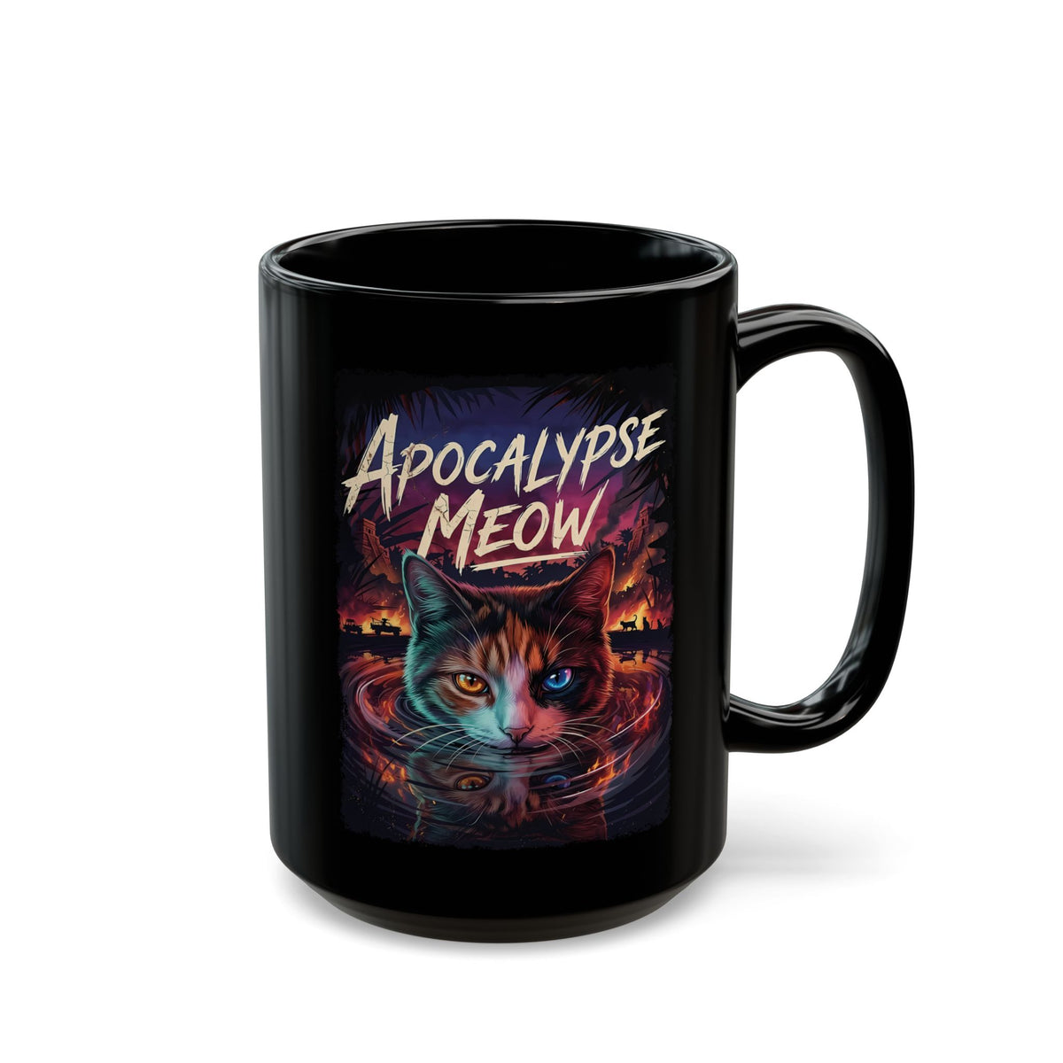 Apocalypse Meow Black Mug — Cute Post-Apocalyptic Cat Graphic Mug