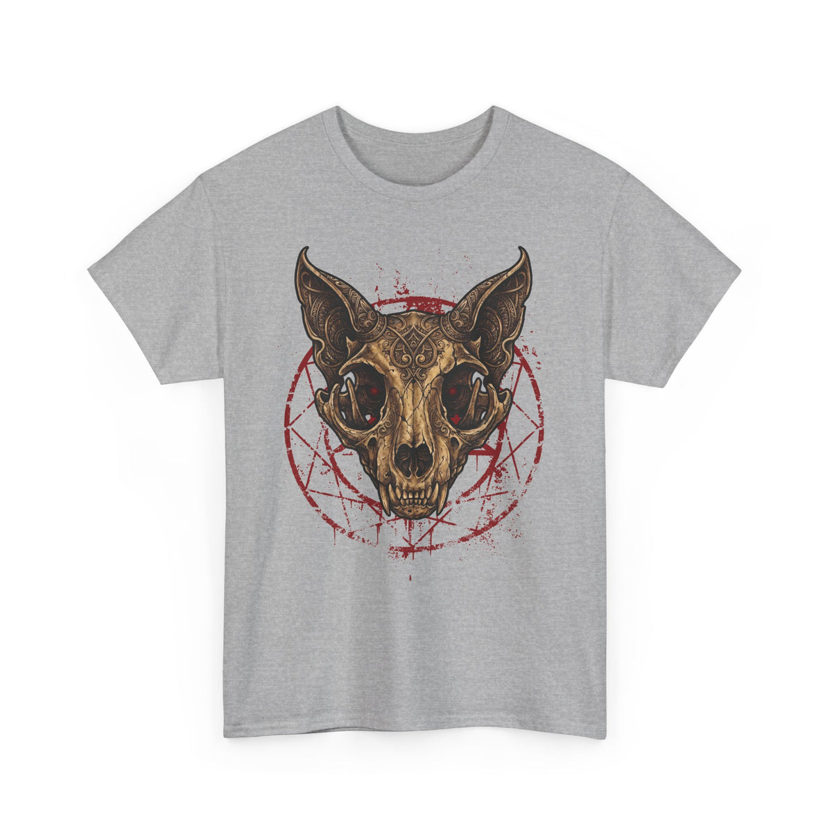 Gothic Ornate Cat Skull Red Pentagram Shirt — Dark Occult Feline T-Shirt