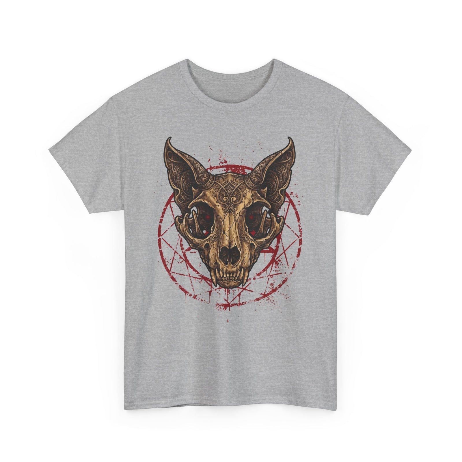 Gothic Ornate Cat Skull Red Pentagram Shirt — Dark Occult Feline T-Shirt