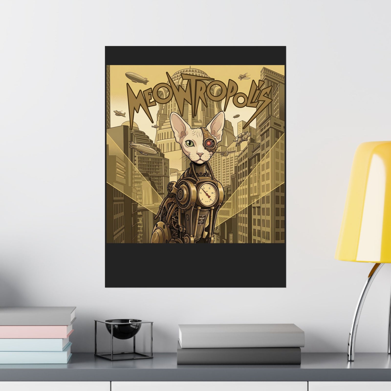 Meowtropolis Sci‑Fi Cat Poster — Futuristic Cat Graphic Poster