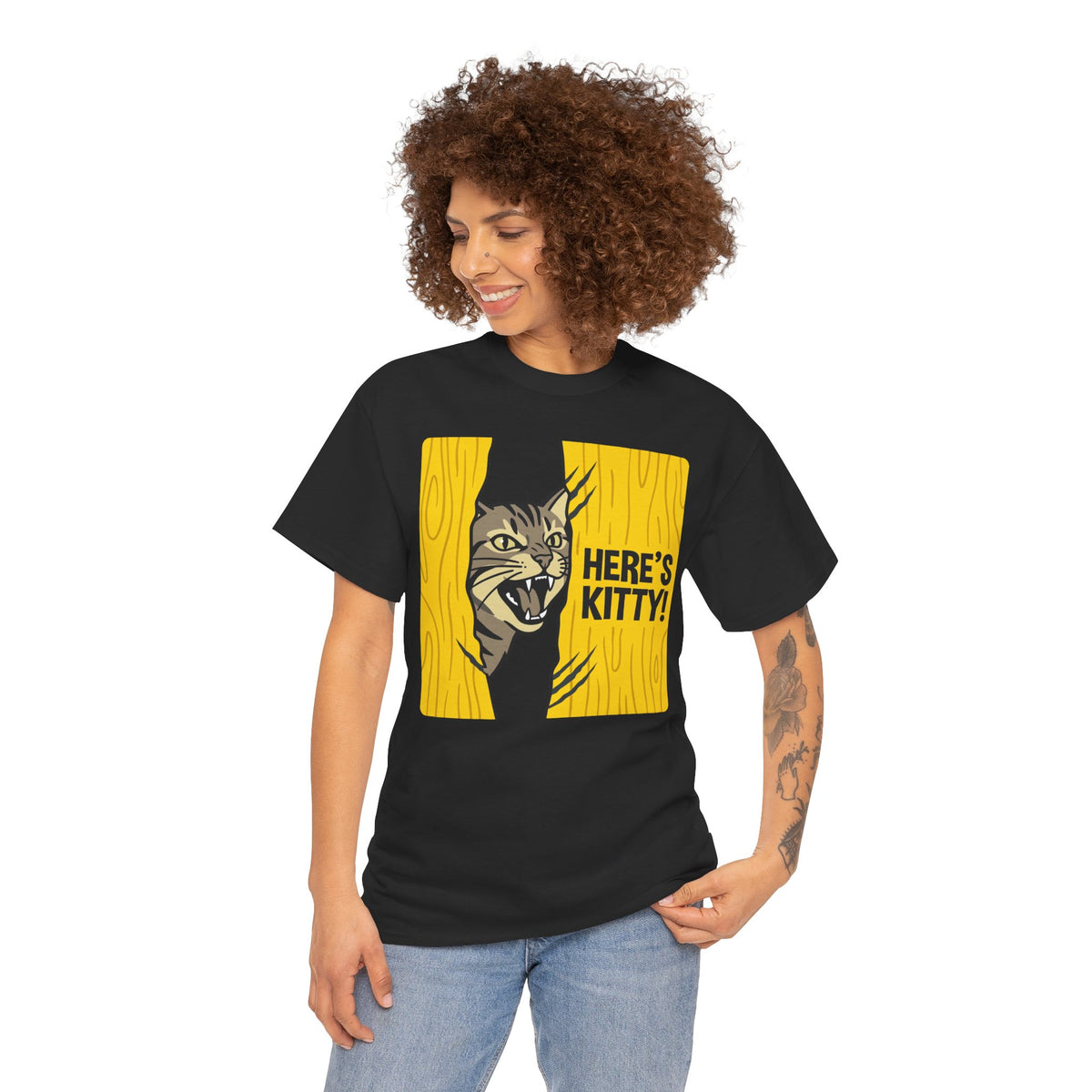 Funny Cat Parody T-Shirt — "Here's Kitty" Graphic Tee