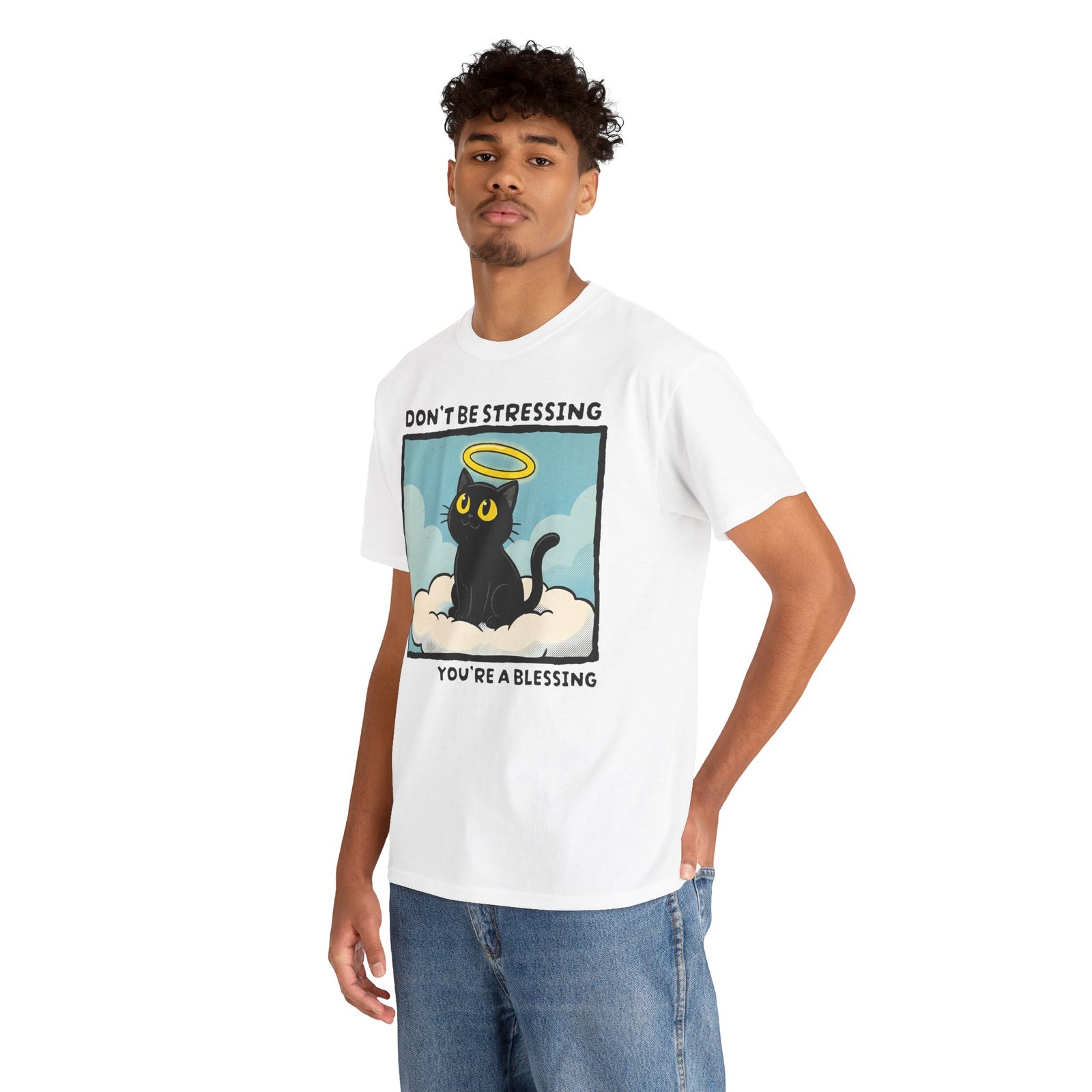 Funny Black Cat Angel T-Shirt “Don’t Be Stressing You’re a Blessing” Cute Cat Graphic Tee