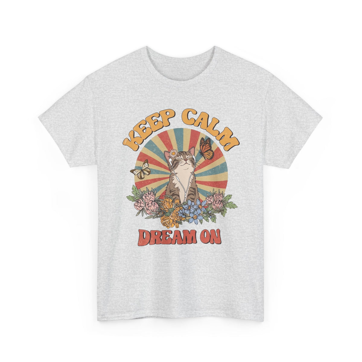 Keep Calm Dream On Cat T-Shirt — Retro 70s Hippie Feline Graphic