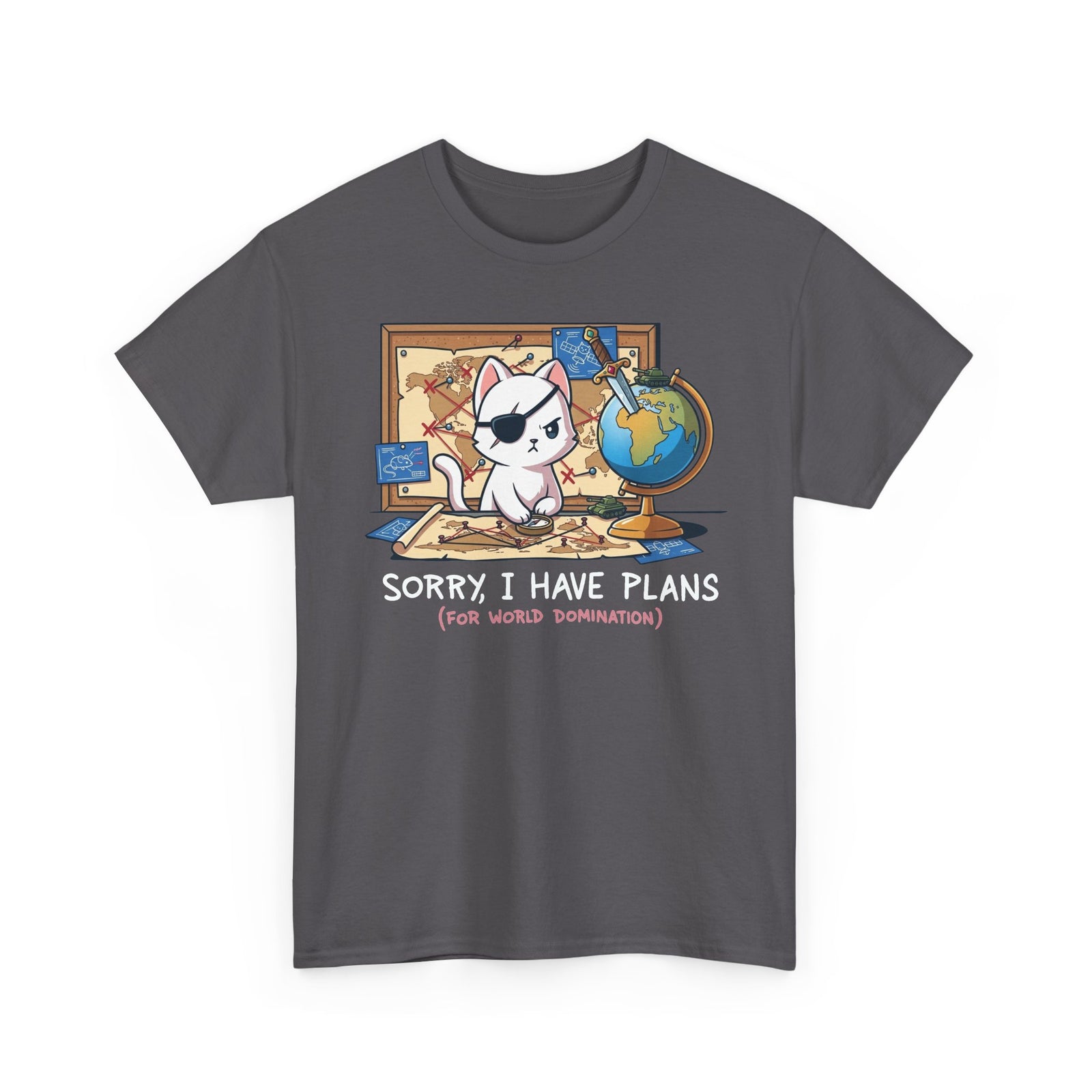 Travel Planner Cat T-Shirt — “Sorry I Have Plans (with World Domination)”