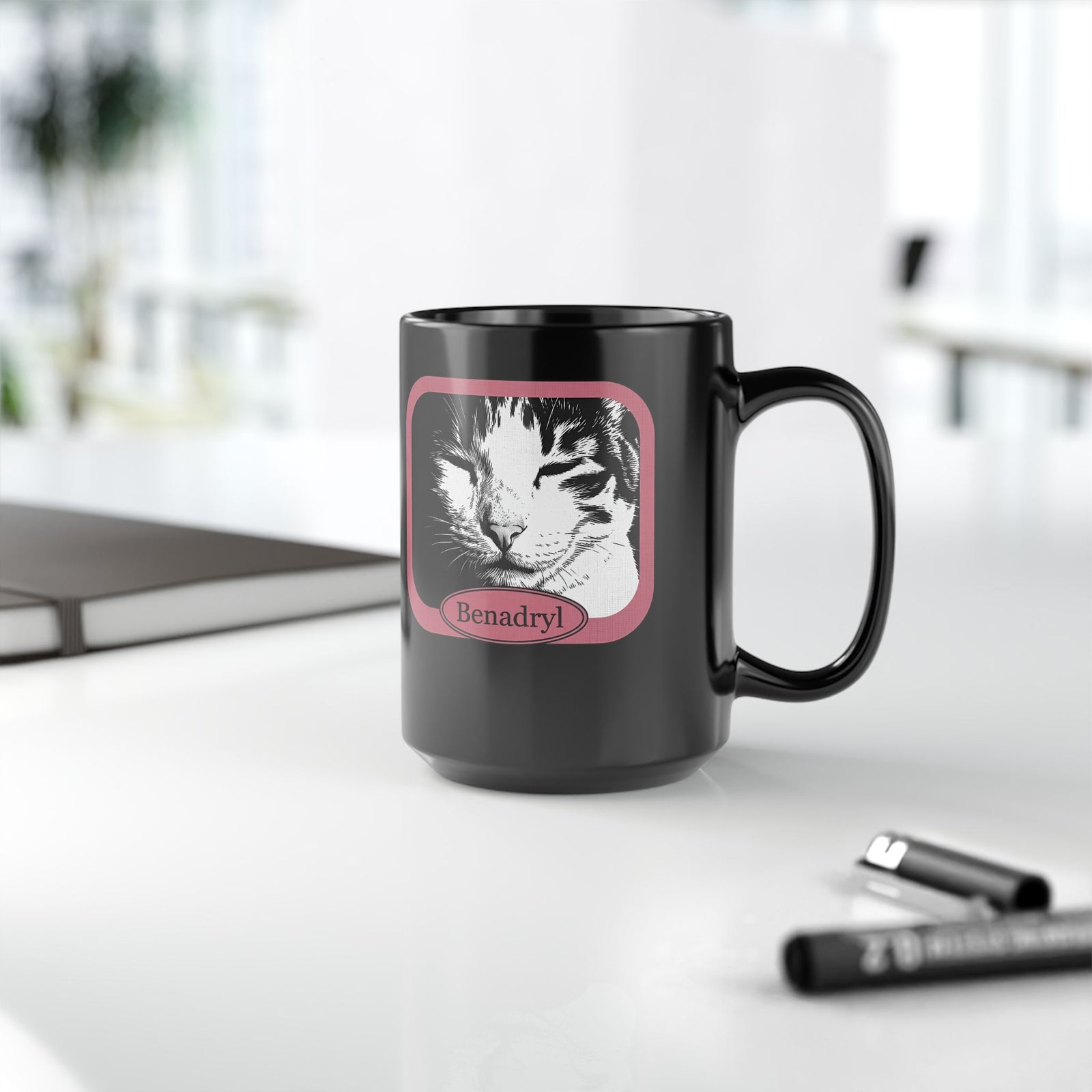 Cat After Benadryl Black Mug — Funny Groggy Cat Mug