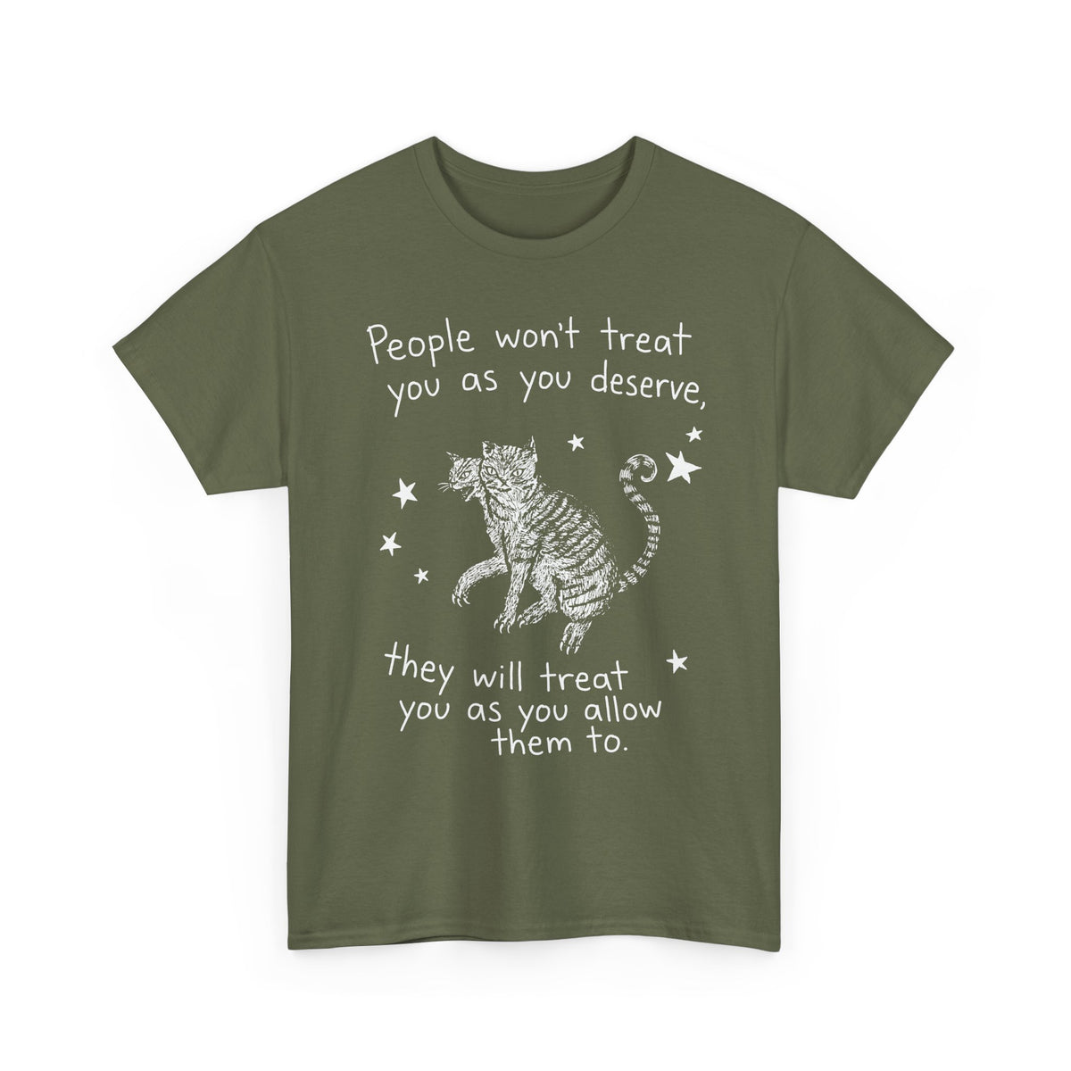 Two-Headed Tabby Cat T-Shirt — "People Won't Treat You As You Deserve" Gothic Woodcut Tee