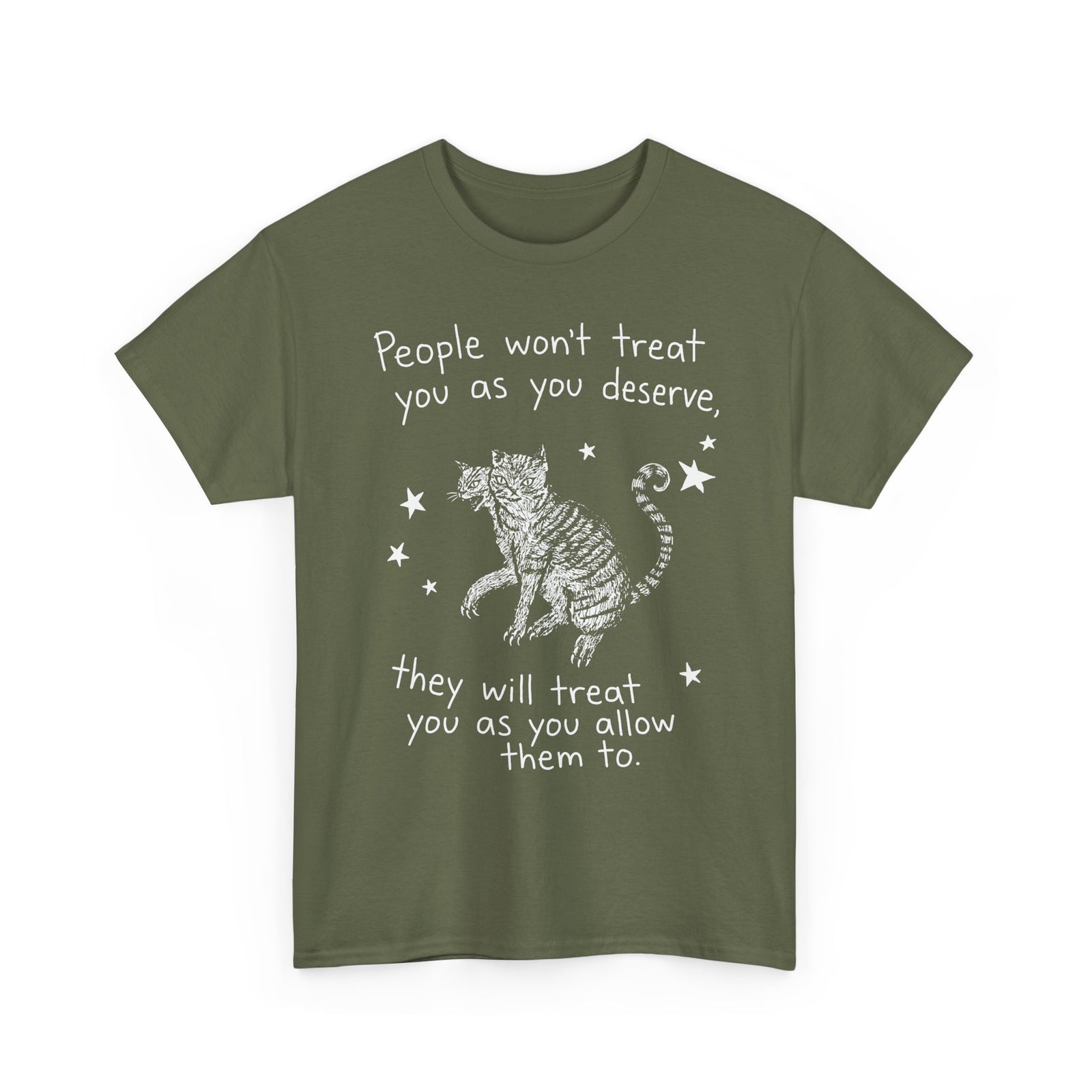 Two-Headed Tabby Cat T-Shirt — "People Won't Treat You As You Deserve" Gothic Woodcut Tee