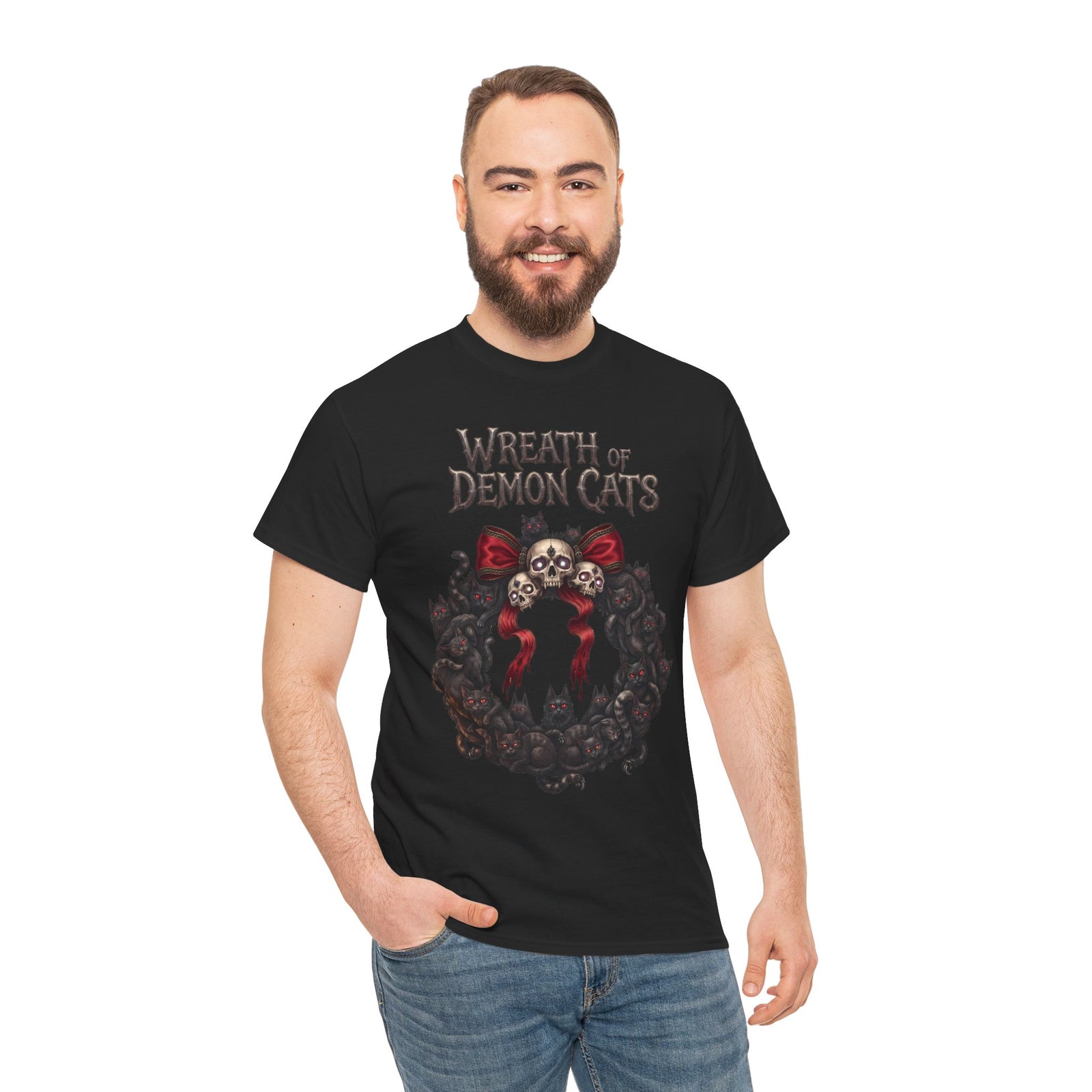 Wreath Of Demon Cats T-Shirt — Gothic Black Cat Skull Wreath Tee