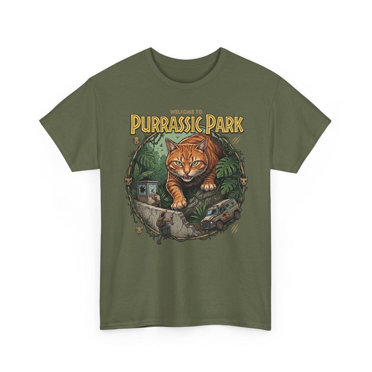 Purrassic Park Cat T‑Shirt — Retro Dino-Parody Graphic Tee