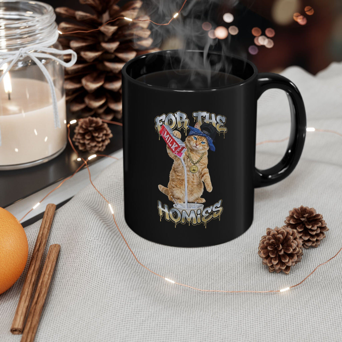 For The Homies Cat Black Mug Funny Gangster Cat Graphic Mug, Milk Pouring Cat Mug, Street Style Cat Lover Gift, Unisex Cotton Black Mug
