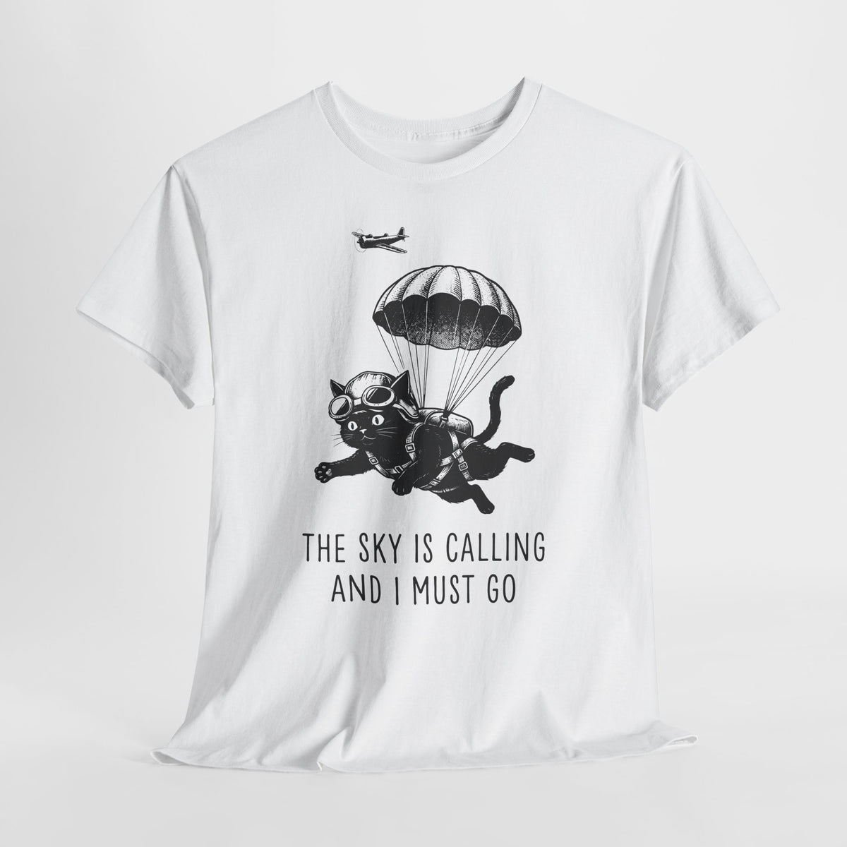 The Sky Is Calling And I Must Go T-Shirt — Funny Parachuting Black Cat Tee
