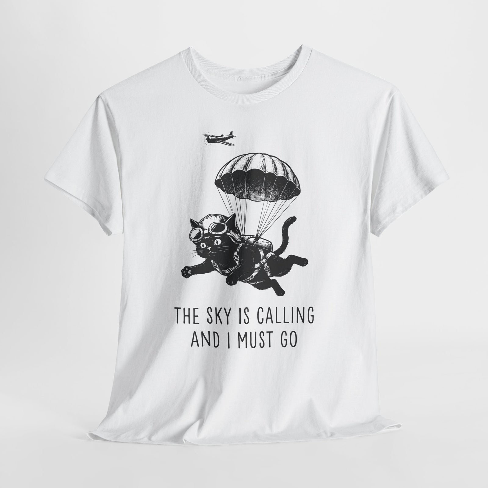 The Sky Is Calling And I Must Go T-Shirt — Funny Parachuting Black Cat Tee
