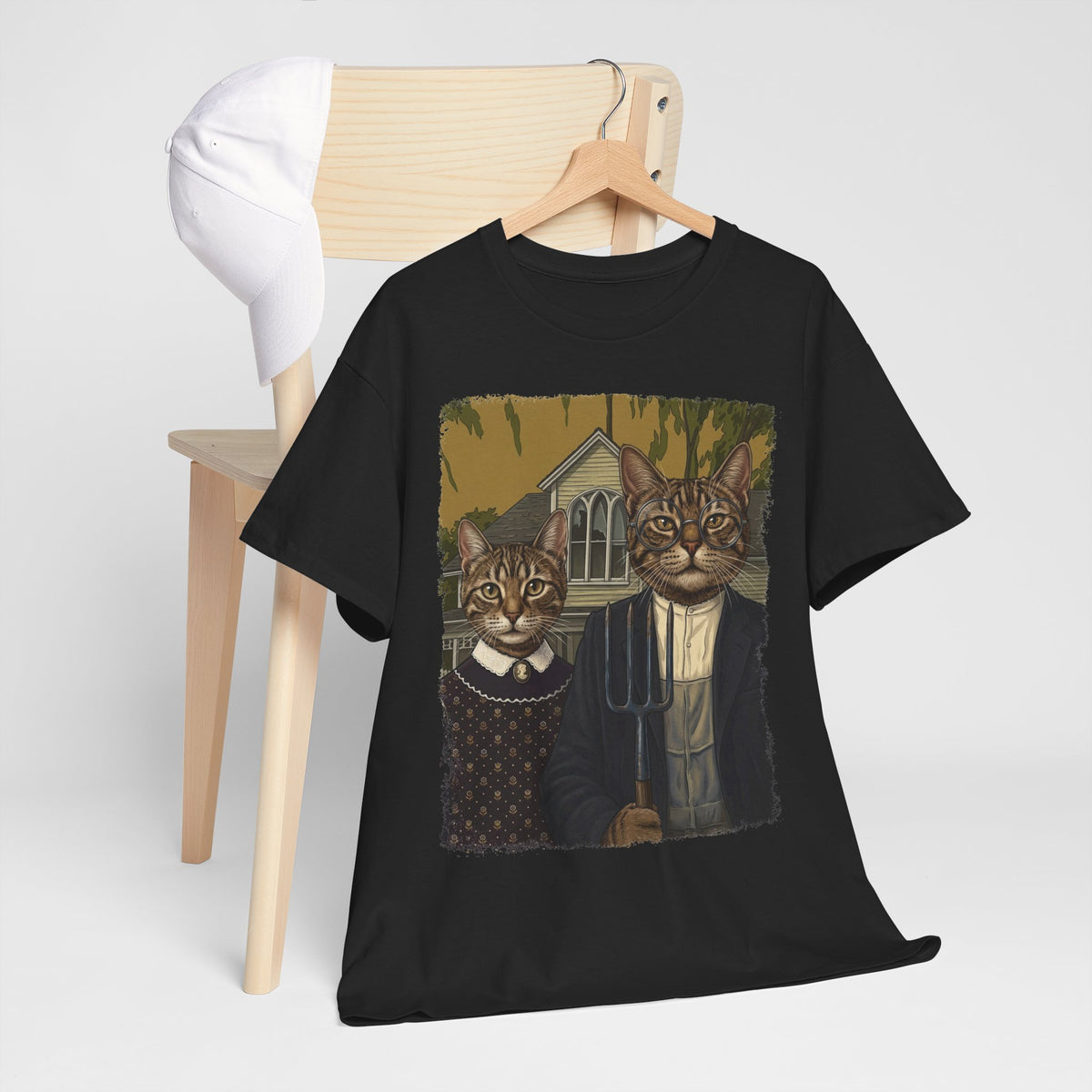 Gothic Cat Couple Tee — Parody ‘American Gothic’ Cat Portrait T-Shirt