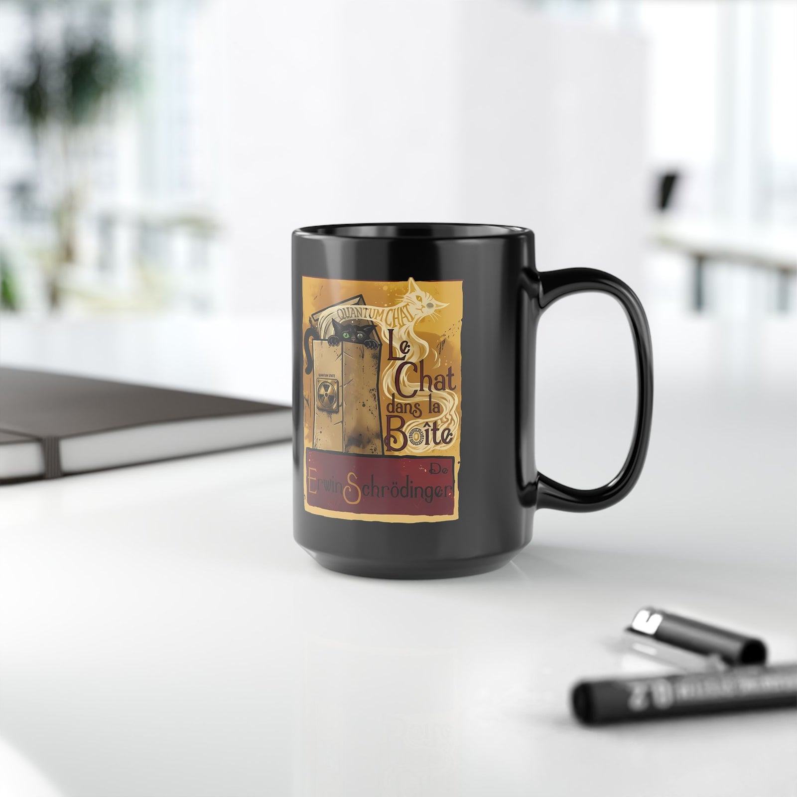 Le Chat dans la Boite Cat Black Mug — Cute French Cat Graphic Mug