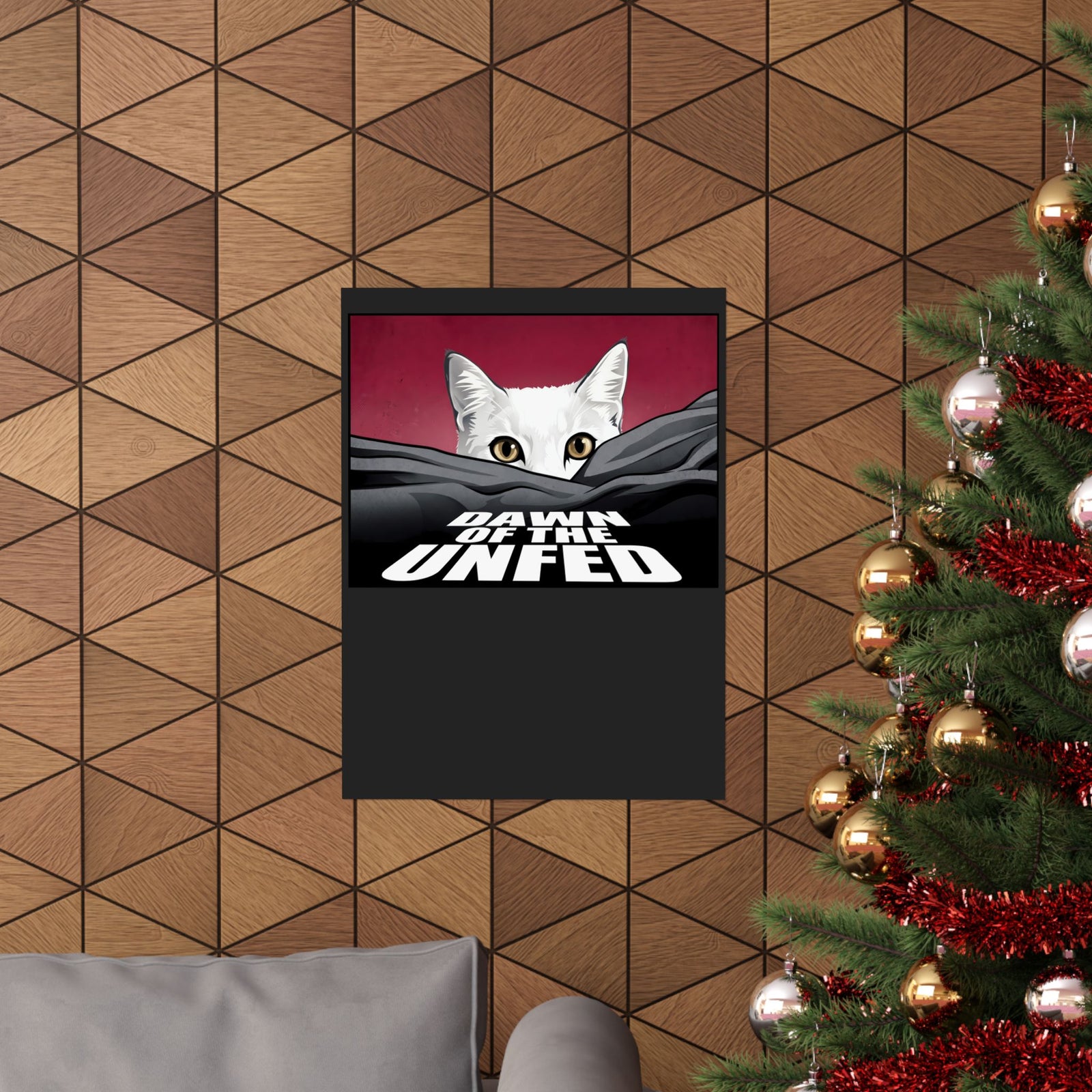 Dawn of the Unfed Poster — Funny White Cat Horror Movie Parody Poster